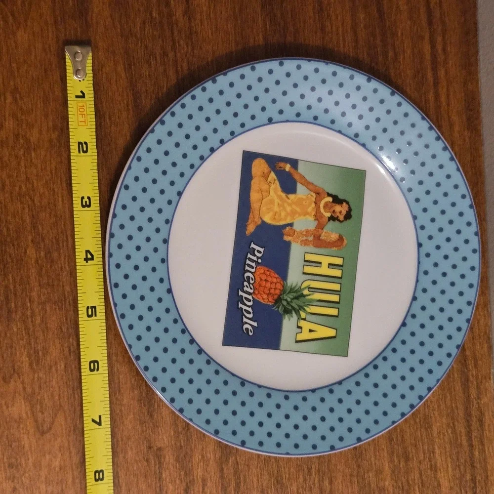 I Godinger & Co Hula Pineapple Salad Plate Blue Polka Dot Retro Tiki 8 Inch